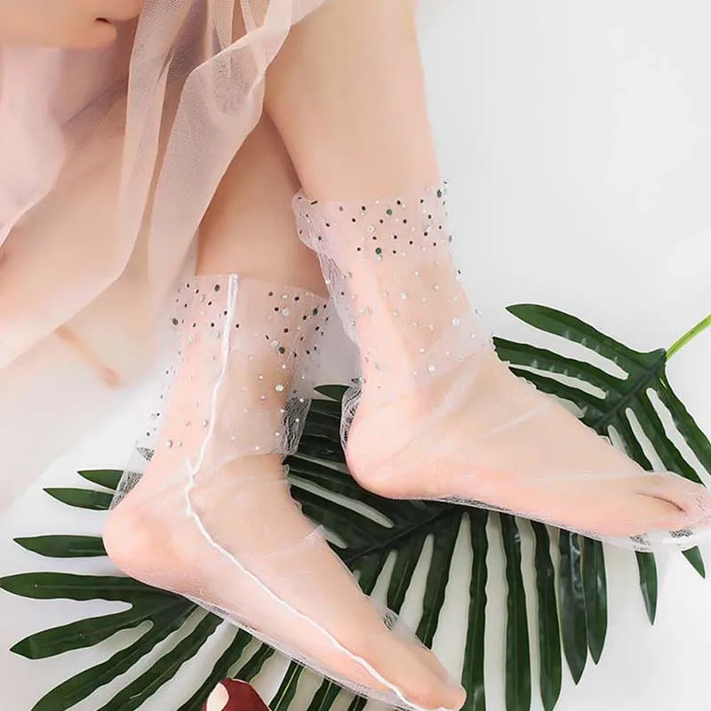 [WPLOIKJD]Fairyism Moda Mujer 2018 прозрачные блестящие шелковые кружевные сетчатые носки в