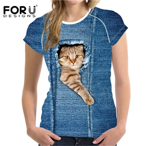 FORUDESIGNS/футболка с милым котом для женщин, Летний стиль, короткий рукав, женские футболки, 3D черный деним, с карманом, футболки для девочек, ropa mujer - Цвет: H320BV