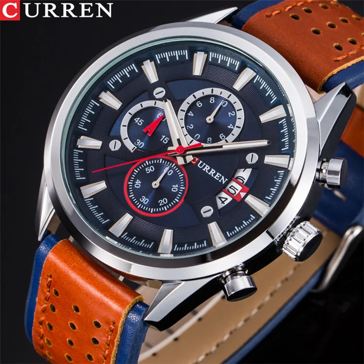 silver blue CURREN Мужские часы Лидирующий бренд роскошные часы мужские военные кожаные спортивные часы водонепроницаемые кварцевые наручные часы Мужские часы - Цвет: silver blue
