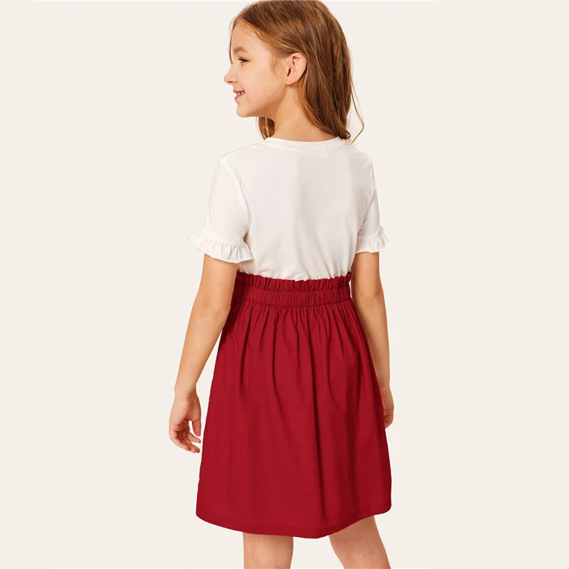 SHEIN/детское Повседневное платье для девочек с двумя пуговицами и рюшами спереди; коллекция года; летнее короткое расклешенное платье с рукавами-воланами и цветными блоками
