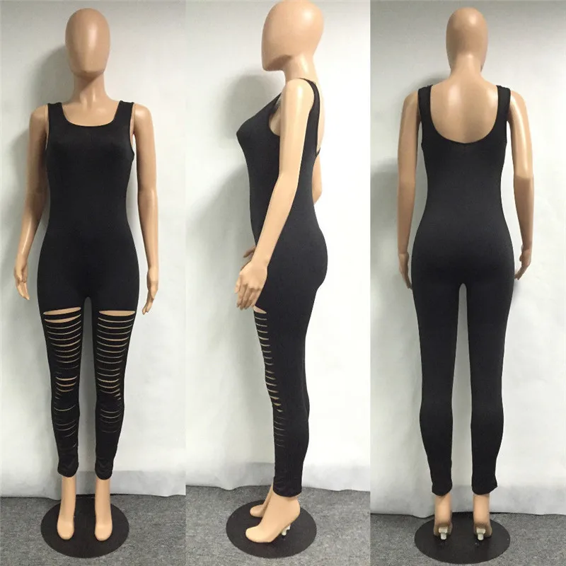 Новинка 2018 женский комбинезон без рукавов Модный с рваными отверстиями