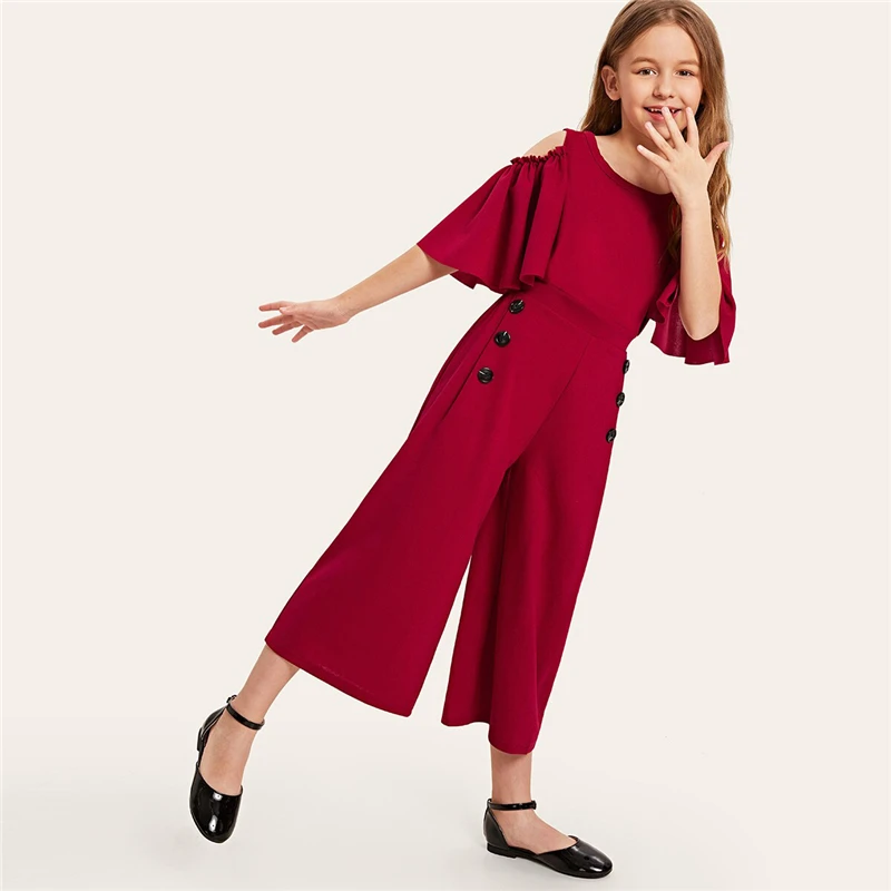 SHEIN/детский однотонный повседневный комбинезон с открытыми плечами и пуговицами сбоку для девочек; коллекция года; сезон лето; свободные длинные Комбинезоны на молнии с рукавами-воланами