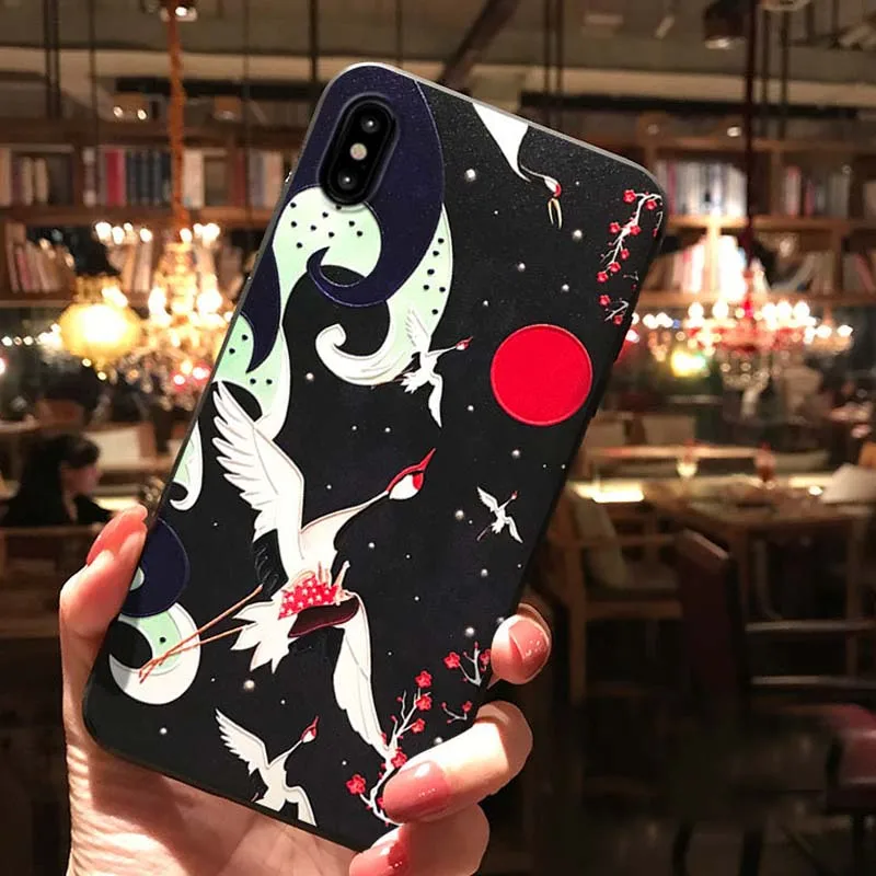 JIBAN Red Sun Flying Crane Phone Case For OPPO 17pro R11s R9s Plus XiaoMi 9 8se Mix2 5s Embossed Antique Silicone Soft Cover |