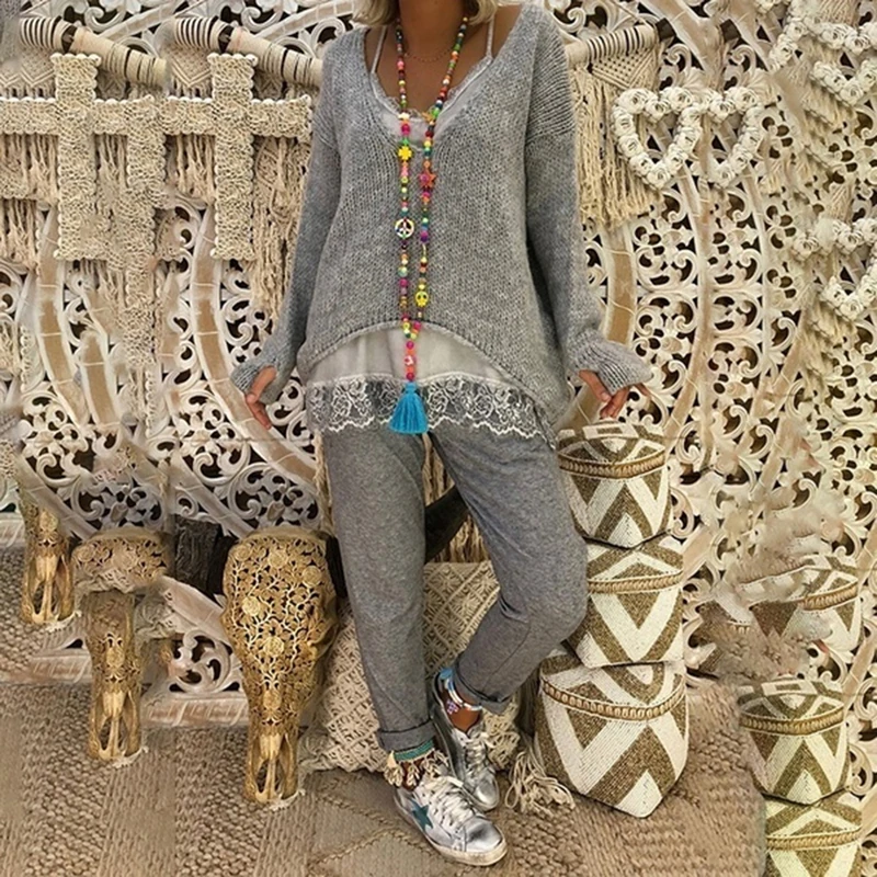 Sweater Female Korean Style Knitting Sweaters V-Neck Irregular Casual Loose Bodycon Basic Pullovers For Tops | Женская одежда