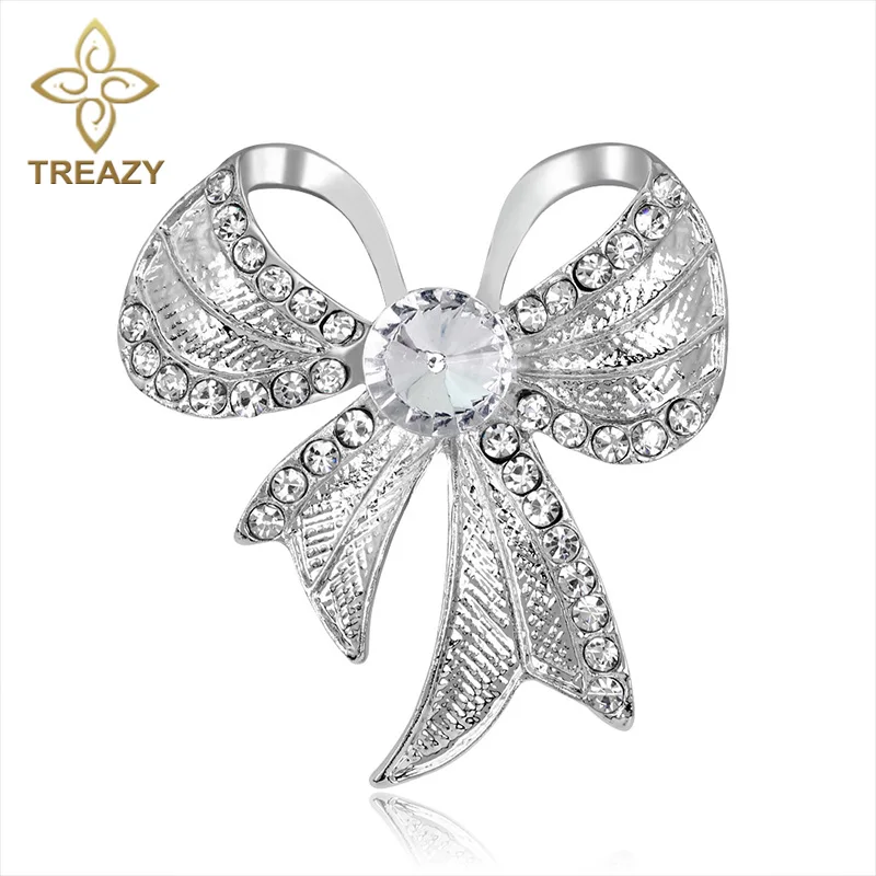 Свадебные Броши с большим кристаллом и бантом TREAZY серебристая брошь для невесты