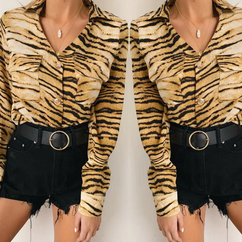 

Women Summer Leopard Shirt Blouse Sexy Casual Long Sleeve Loose Blouse Tops Button Turn-Down Collar Shirts