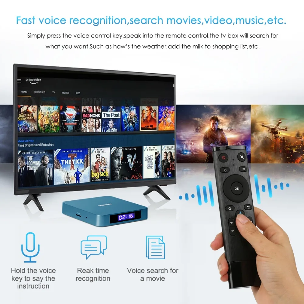 ТВ приставка с голосовым управлением android 8 1 Rockchip 3328 2 ГБ 16 USB 3 0 4 ГГц Wi Fi Bluetooth smart