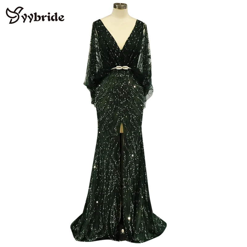 

yybride Bespoke Occasion Dresses V-neck Mermaid Prom Dress Dark Green Batwing Sleeves Intermediate Split Evening Dresses