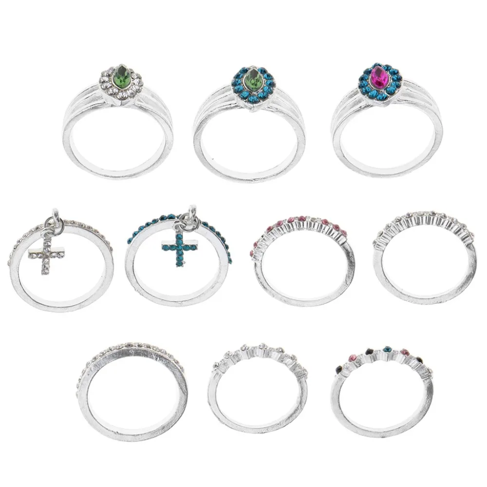 10 pcs set fashion creative vintage knuckle rings with cross pendant and rhinestone design female knokkels | Украшения и