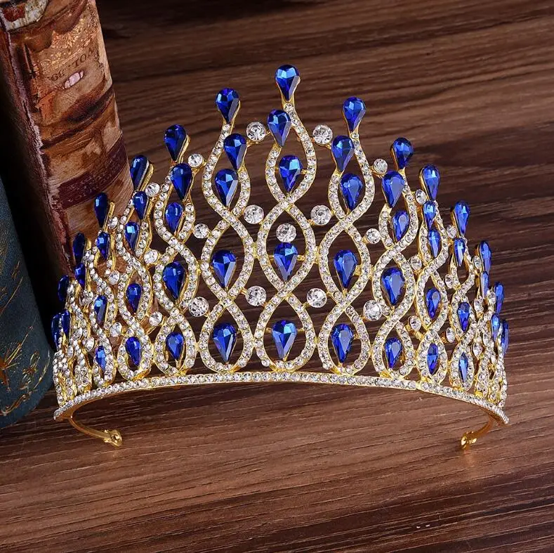 Gold Blue KMVEXO Роскошные Многослойные висячие Королевские Свадебные короны невесты диадемы ювелирные изделия для волос кристалл диадема Пром Вечеринка pageant аксессуары - Окраска металла: Gold Blue