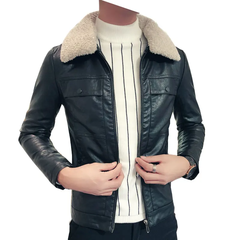 

Autumn and winter plus velvet Wool Lamb Collar Leather jacket Male Korean version of the Slim PU Leather jacket More size M-4XL