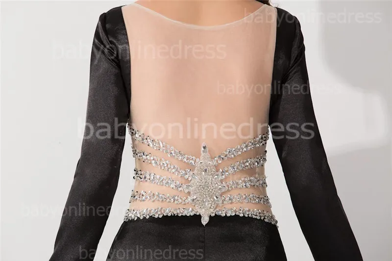 

Middle East Black Muslim Evening Dress Sexy Illusion Back Beaded Crystals Evening Gowns Robe de Soiree Longue Abendkleider