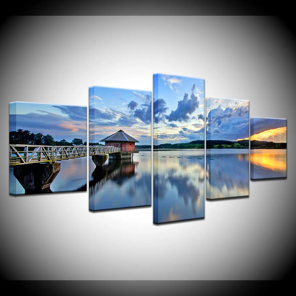 

Framework HD Print Wall Art Pictures 5 Pieces Sea Bridge Blue Sky White Cloud Seascape Decor Room Poster Modular Canvas Painting