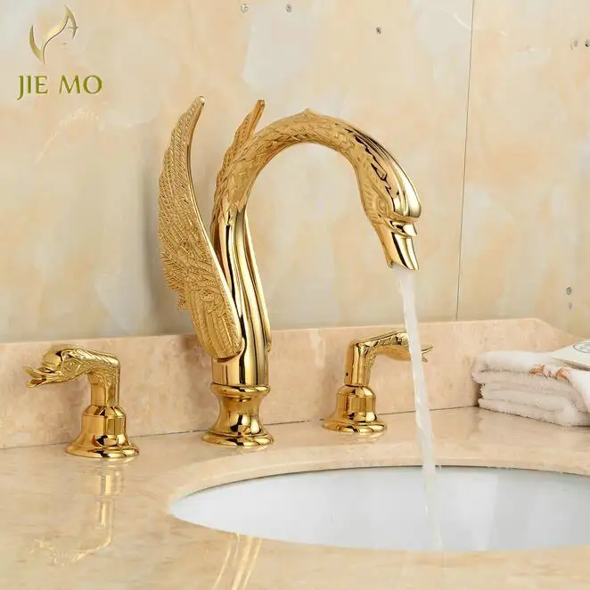 Wholesale And Retail Brand NEW Deck Mounted Bathroom Faucet Swan Spout Sink Mixer Tap Golden Brass 3 Holes H1195 | Обустройство дома