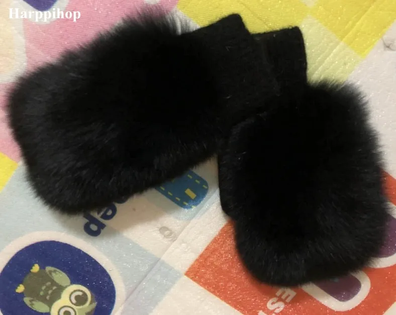 Новые женские модные брендовые новые зимние перчатки из натурального меха лисы, варежки из натурального меха лисы,, меховые перчатки - Цвет: pure black