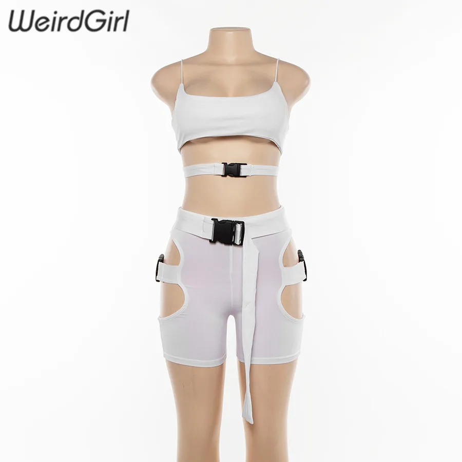 Weirdgirl, женские комплекты из двух частей, без рукавов, с вырезами, однотонные, короткие, для фитнеса, укороченные, на бретельках, топы и шорты с пряжкой для женщин