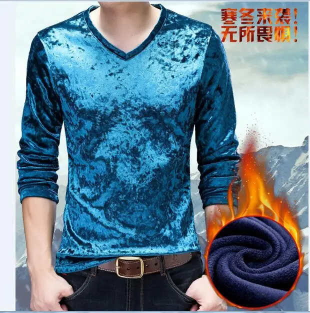 Новый дизайн зима 2017 мужские толстые золотые бархатные футболки модные стильные