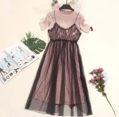 pink Женские летние платья из двух частей, милое платье-футболка с коротким рукавом+ Сетчатое платье на бретелях с блестками, женское длинное кружевное платье, Vestidos AB1435 - Цвет: pink