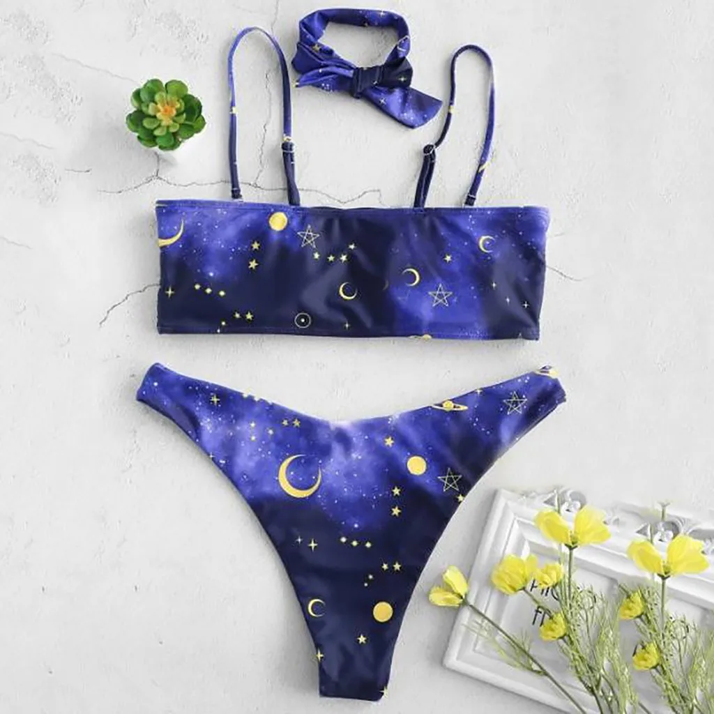 Женские летние бикини звезда печати синий двойка Мягкий Купальник Push up Топ