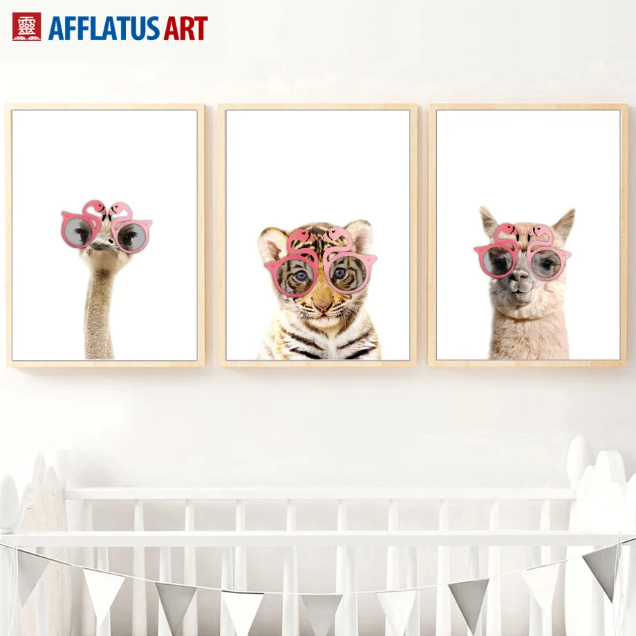 Очки медведь тигр свинка Сова Альпака скандинавские плакаты и принты настенная