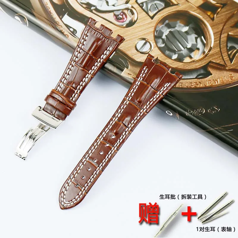 Silver buckle 28 мм мужской деловой высококачественный кожаный ремешок для AP Серии кожаный ремешок для женщин спортивный водостойкий ремешок бабочка пряжка аксессуары - Цвет ремешка: Silver buckle