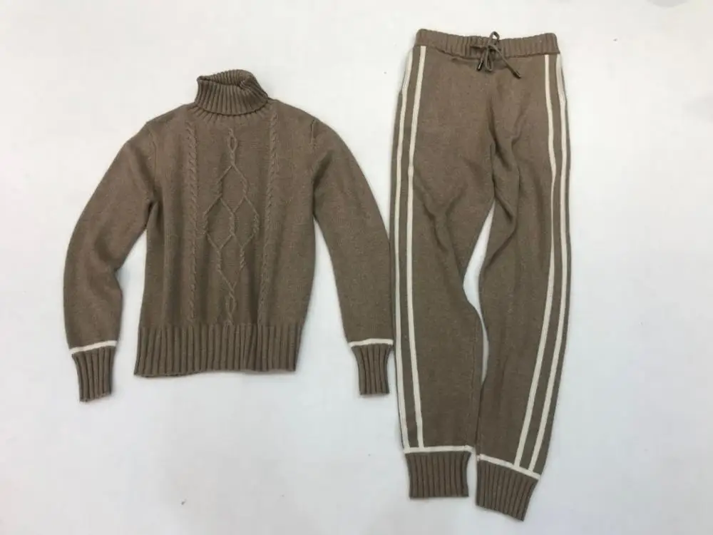 khaki Кашемир+ шерстяная перекрестная вязка, теплые комплекты, бархатный свитер с высоким воротником+ кашемировые брюки из норки, 2 предмета, эластичные шерстяные костюмы, wq111 - Цвет: khaki