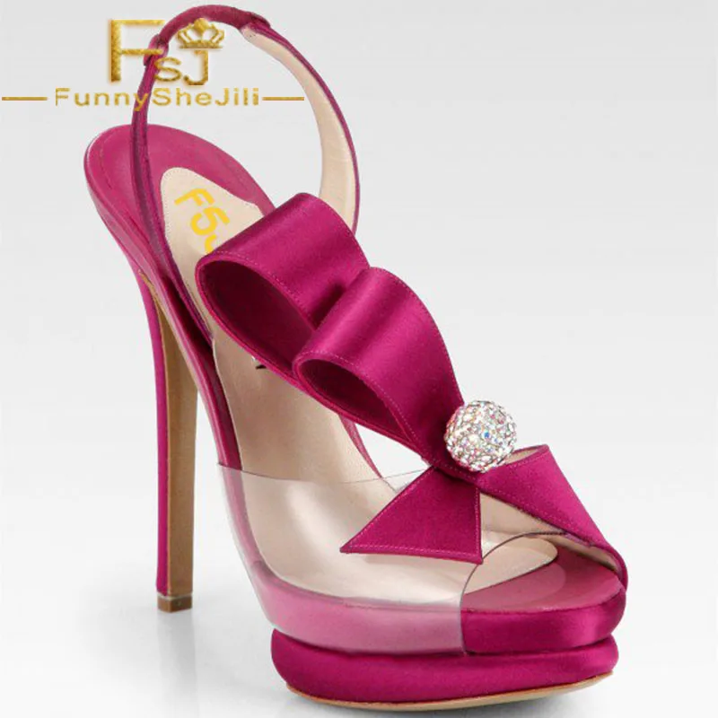 

Magenta Wedding Sandals Rhinestone Slingback Stiletto Heels for Bride Generous Attractive Incomparable Elegant Noble FSJ Sexy