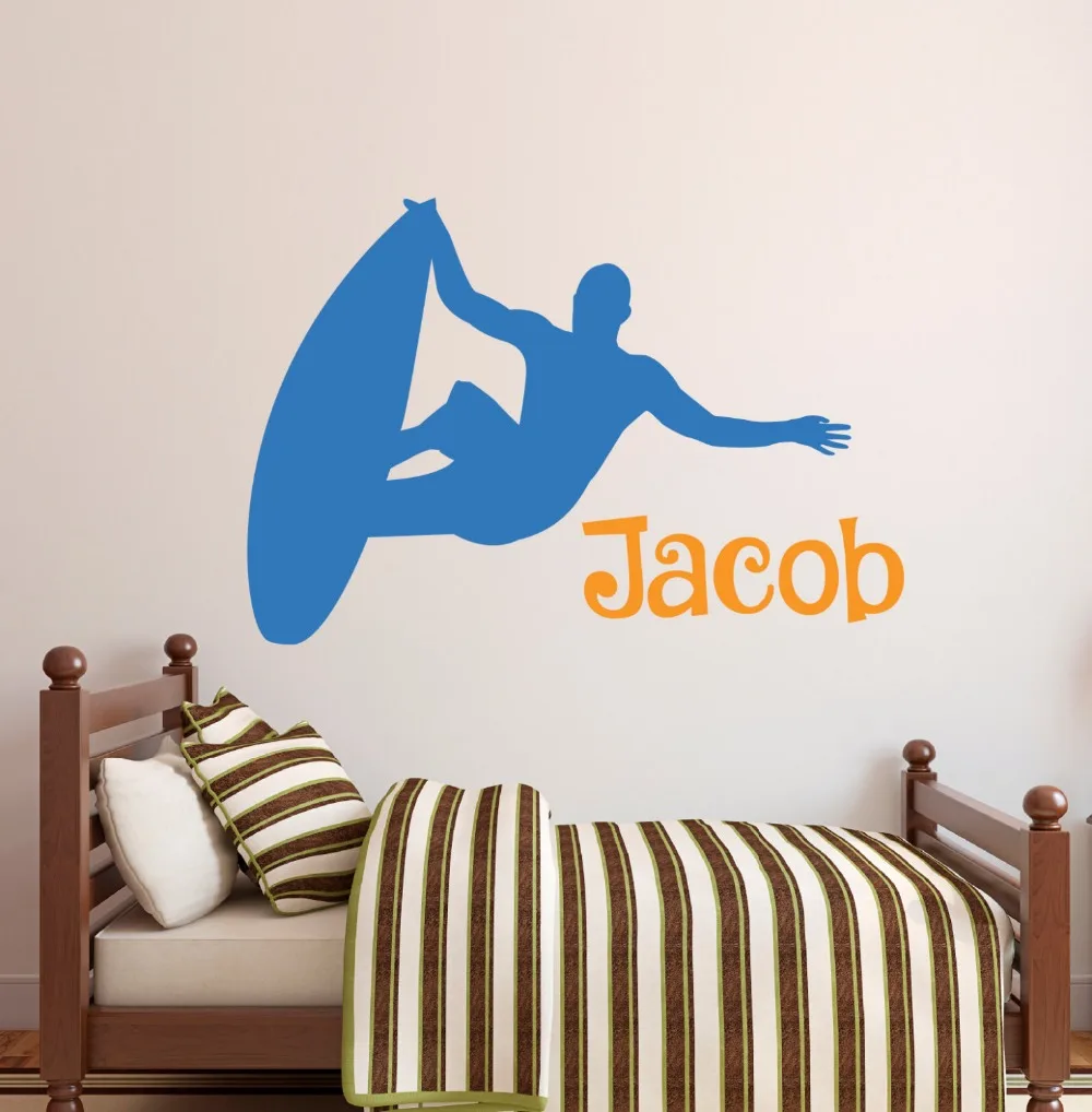 

Индивидуальные виниловые наклейки на стену с именем серфера для детской комнаты, детская комната с именем мальчика, искусство детской стен...