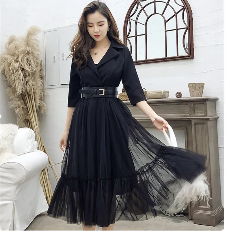 Сексуальное Сетчатое лоскутное элегантное платье с блейзером Vestidos весна лето Зубчатый воротник три четверти рукав длинное платье свободный пояс