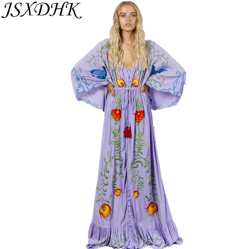 

JSXDHK Bohemia Runway Maxi Dress 2021 Luxury Autumn Women Cotton Embroidery Floral Batwing Sleeve Deep V Neck Long Beach Dresses