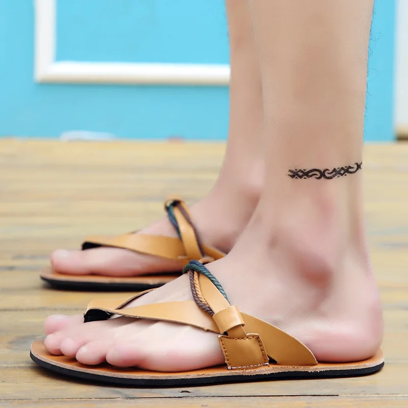 Шлепанцы мужские кожаные повседневные сандалии пляжные дышащие плоская подошва