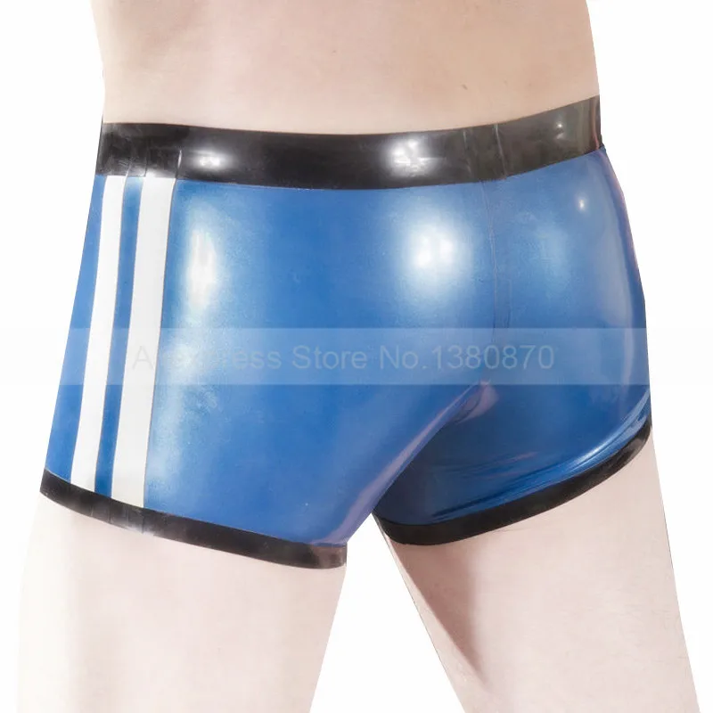 Мужские сексуальные латексные шорты небесно-голубые с белыми полосками
