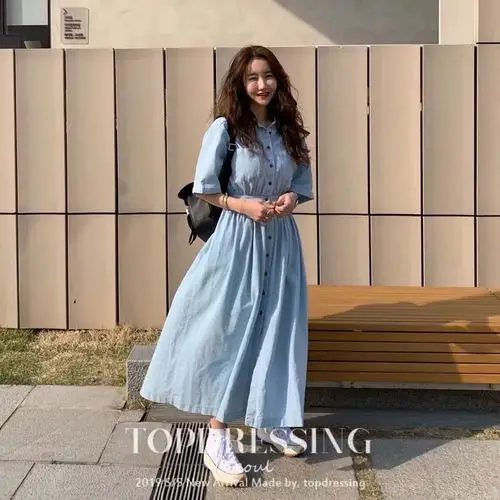 Корейский светильник длинное Синее джинсовое однобортное платье с коротким