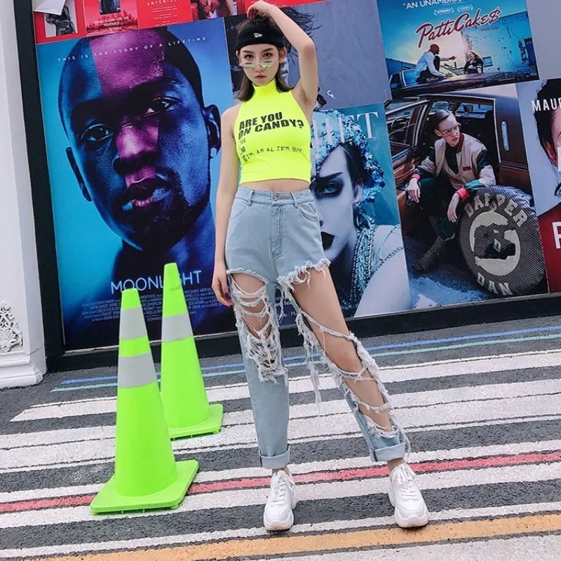 Harajuku женские высокие уличные рваные Дырчатые джинсы летние новые с высокой талией мешковатые хип-хоп женские джинсовые брюки повседневные брюки