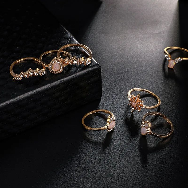 16Pcs/set Bohemian National Fashion Retro Water Drop Beauty Head Gold Cross Patterned Lady Vintage Loving Charm Joint Ring Set | Украшения