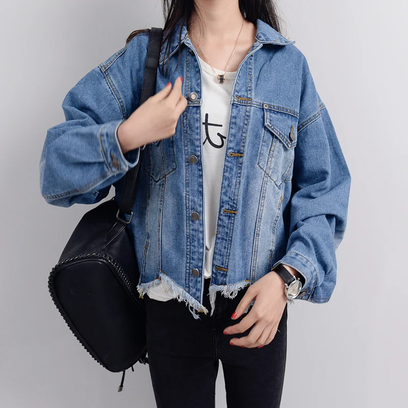 Vetevidi Autumn winter new bite tassel hem loose bat sleeve denim jacket female 6985# | Женская одежда
