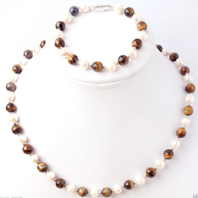 Комплект из ожерелья и браслета DYY 920 +++ с натуральным белым жемчугом 7-8 мм желтым