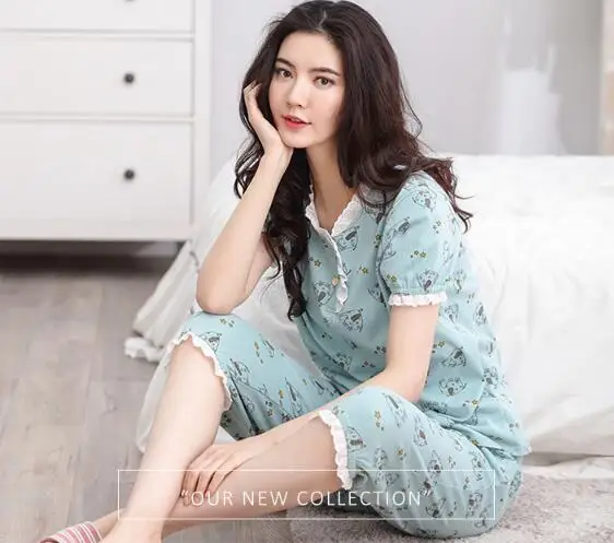 

Fdfklak New Woman Pijamas Sleepwear Cotton Summer Pajamas Set Home Clothes for Women Print Short Sleeve Pajama Pyjama Femme