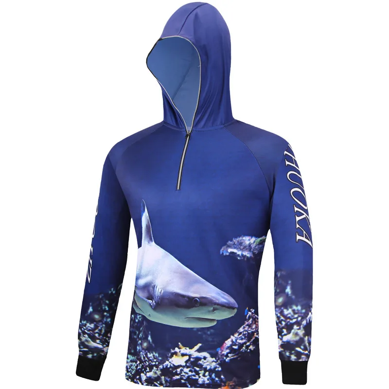 Summer Professional Men's Hooded Fishing Jersey UV Protection Blue Wicking Breathable Long Sleeve Fishing Shirt Camisas Pesca