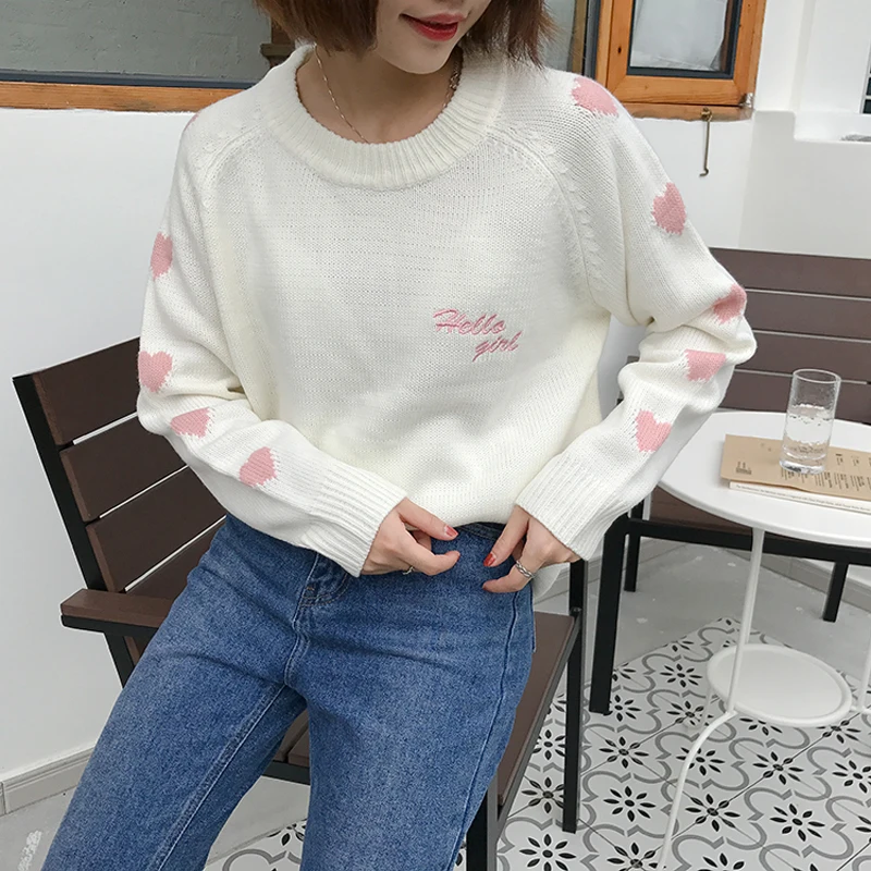 Winter women college warm thick casual loose student cute Heart letter embroidery round neck Long sleeve knitted Hedging sweater | Женская