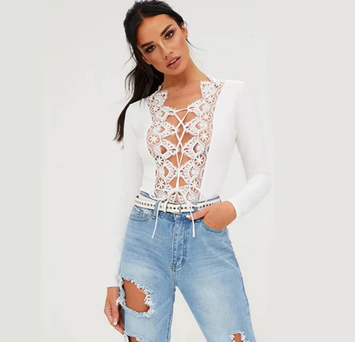 Sexy Deep V Neck Lace Up Tee Bodysuit Long Sleeve T shirts Top 2017 New Fashion Women Club Jumpsuit Playsuit Romper | Женская одежда