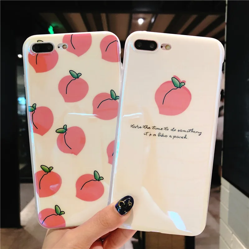 For iPhone X Pink Lovely case + Tempered Glass Screen film 6 6S 6Splus 7 7plus 8 8Plus Cute peach back Cover |
