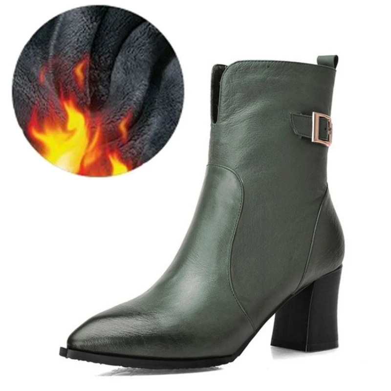 green fur lining Зимние женские ботинки с пряжкой; ботинки из натуральной кожи с острым носком на высоком каблуке; женская теплая обувь на молнии; Женские рабочие ботинки - Цвет: green fur lining