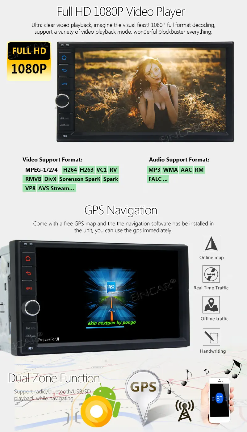 Android 8 1 Автомобильный мультимедийный плеер с 7 дюймовым сенсорным экраном 1080P HD