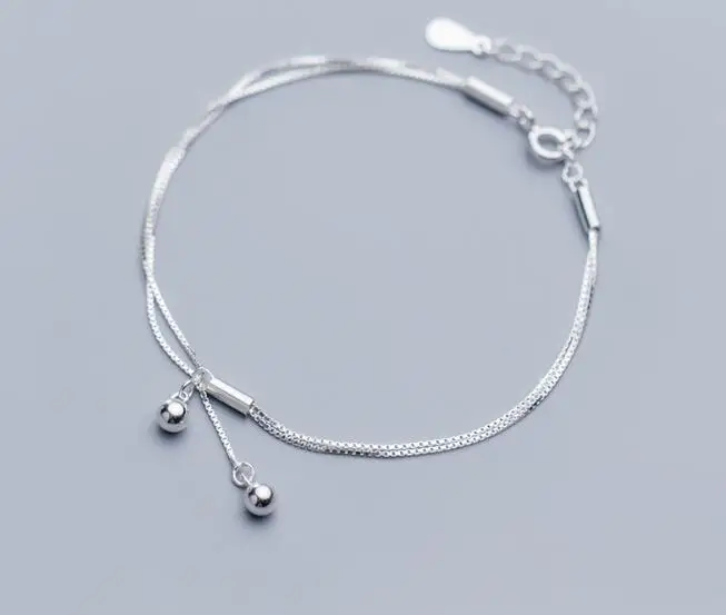 

1p simple Authentic REAL. 925 Sterling Silver Jewelry double rows Polished Lucky Ball Round chain /anklet Bracelet GTLS852