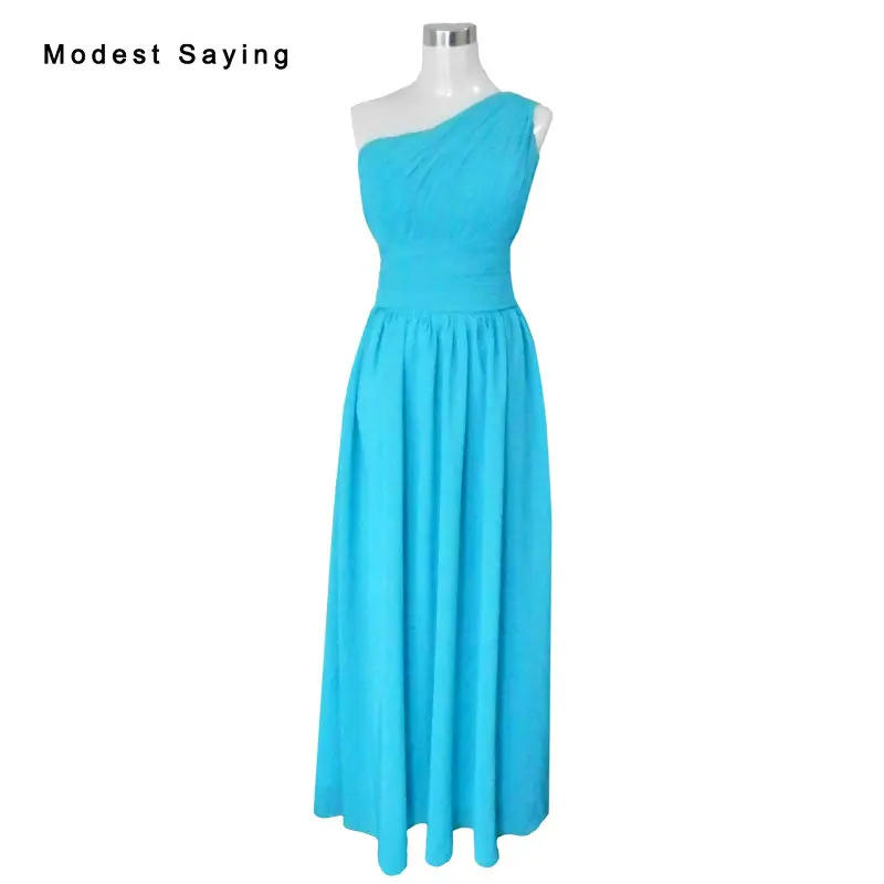 

Sexy Blue A-Line Pleated One Shoulder Bridesmaid Dresses 2017 Zipper Back Long Formal Party Prom Maid of Honor Gowns Women YB4
