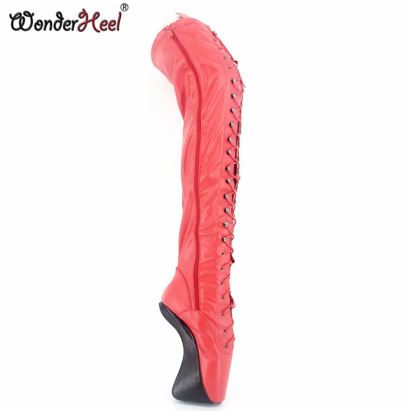 Wonderheel/очень высокий каблук 18 см; матовые балетные сапоги до бедра; сексуальные фетиш сапоги на высоком каблуке; модные высокие сапоги со шнуровкой
