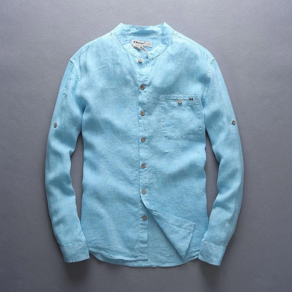 Мужская Повседневная рубашка из 100% льна голубая с длинными рукавами большие