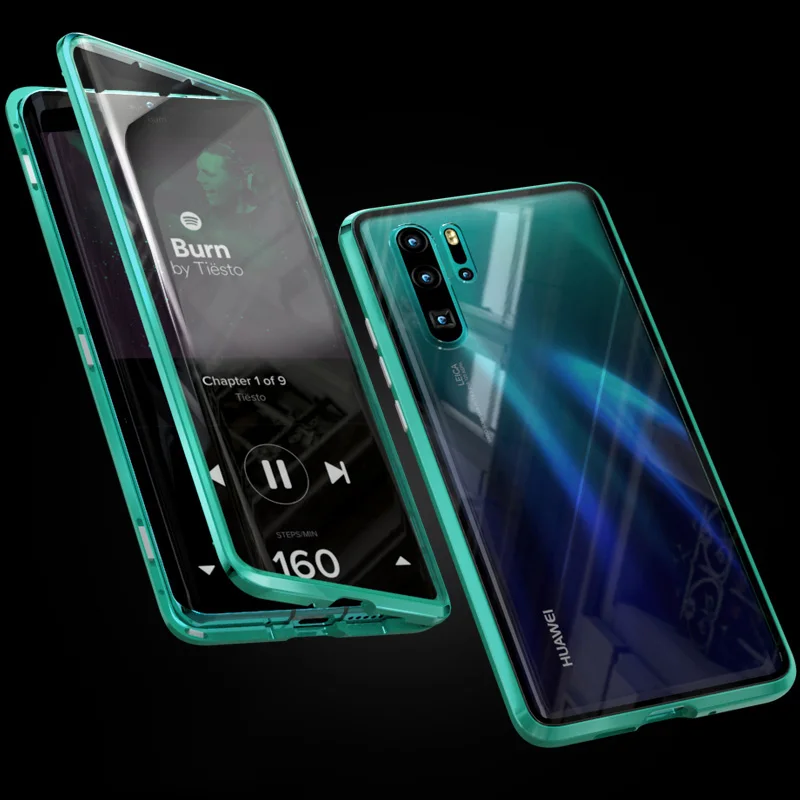 Гиперболоид, стеклянный чехол для huawei P30 Pro P20 mate, чехол, прозрачный, закаленное, полное тело, магнитный, алюминиевый, металлический чехол - Цвет: green