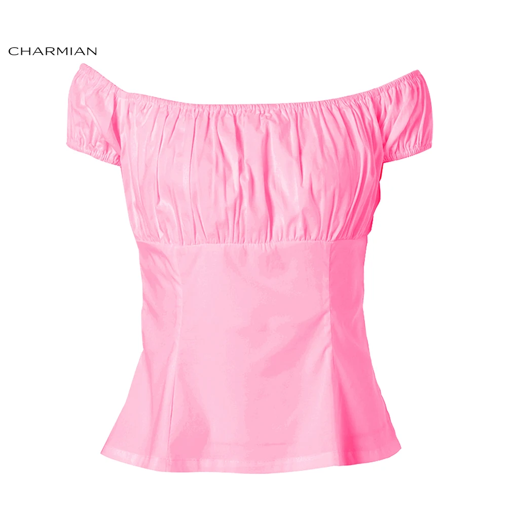 Pink Charmian топ с открытыми плечами на День святого Валентина, летние клетчатые топы с вырезом лодочкой, повседневные сексуальные женские блузки с коротким рукавом, женская одежда - Цвет: Pink